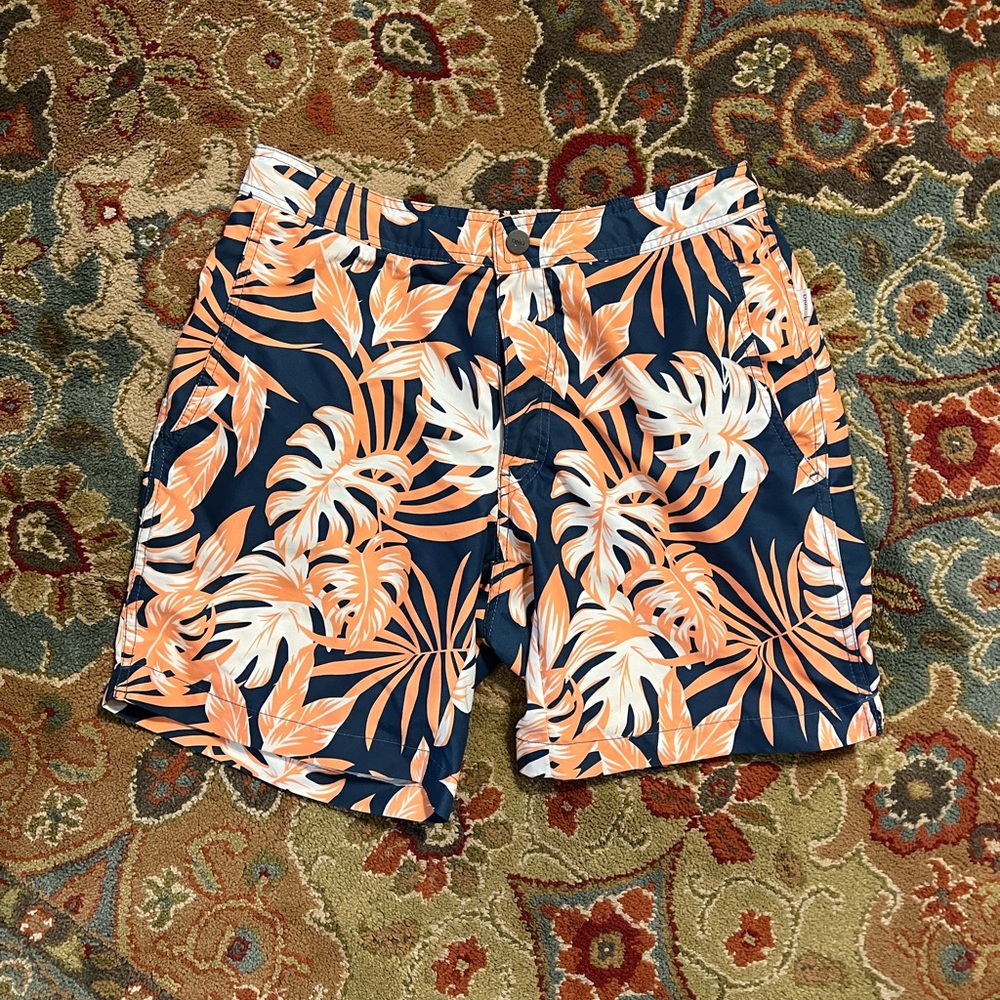 Onia Swim Trunks Medium Tropical Pattern Blue and Orange “The Calder”